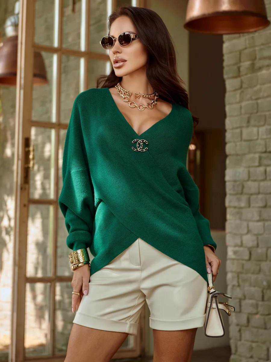 Зеленая теплая кофта вязаная на запах оверсайз