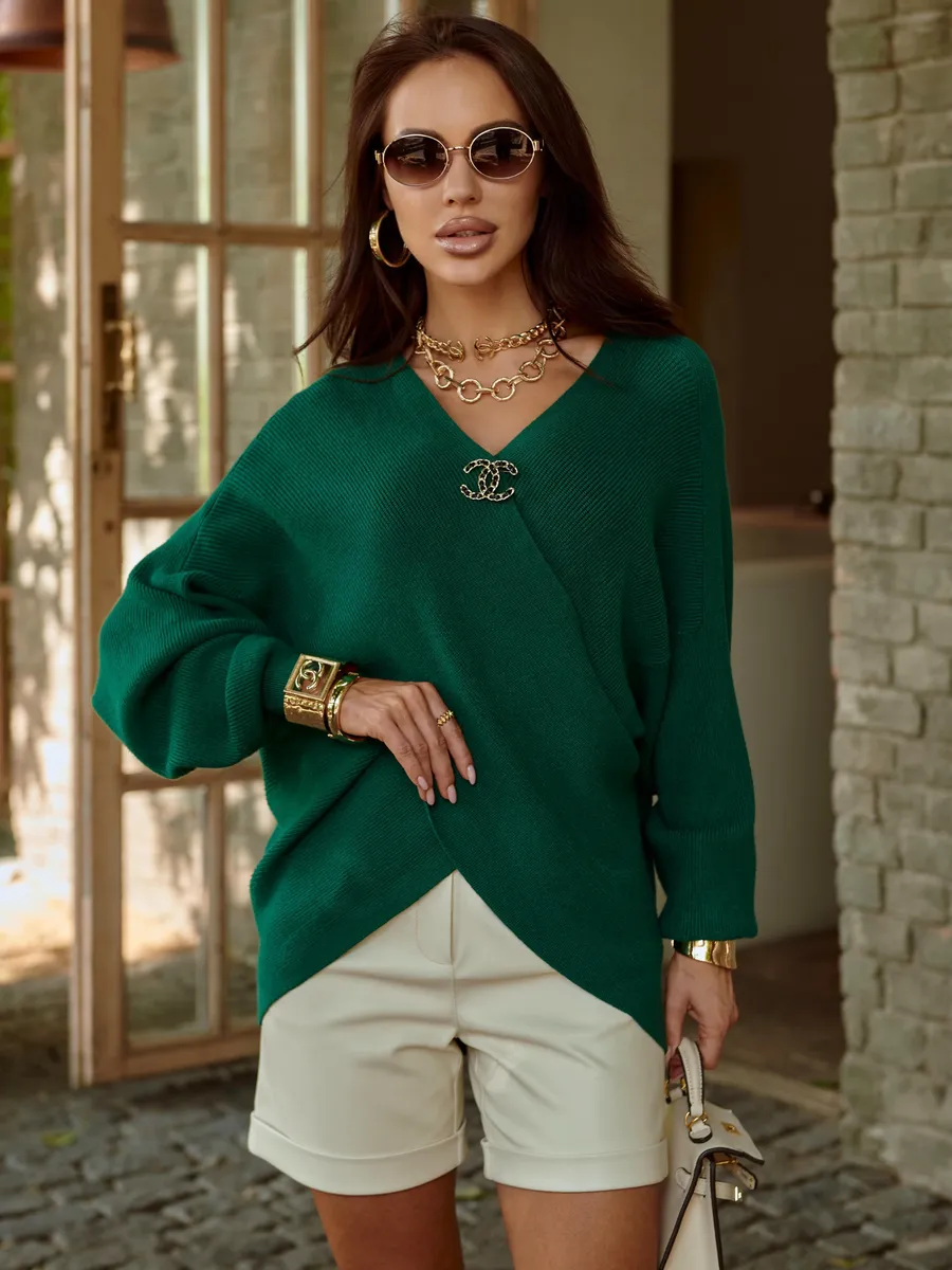 Зеленая теплая кофта вязаная на запах оверсайз