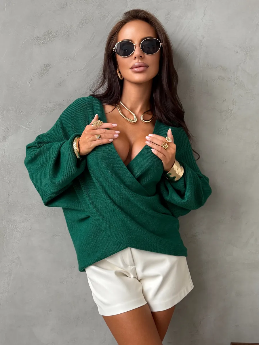 Теплая кофта вязаная на запах оверсайз