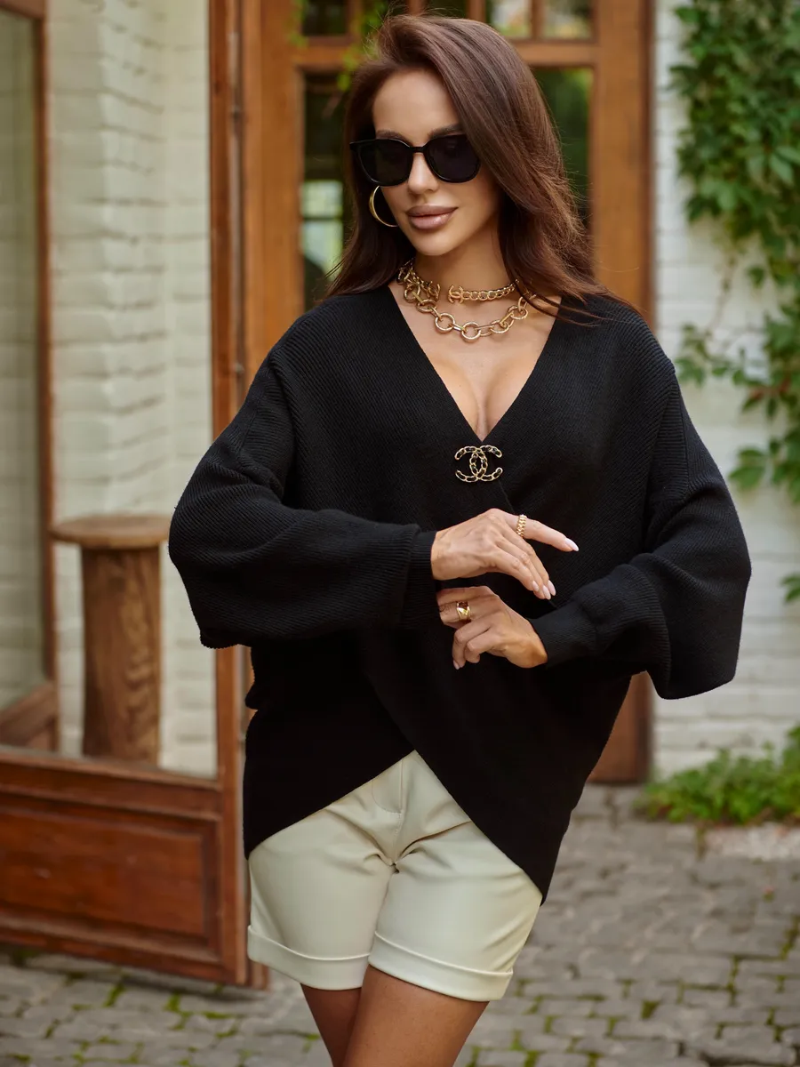 Черная теплая кофта вязаная на запах оверсайз