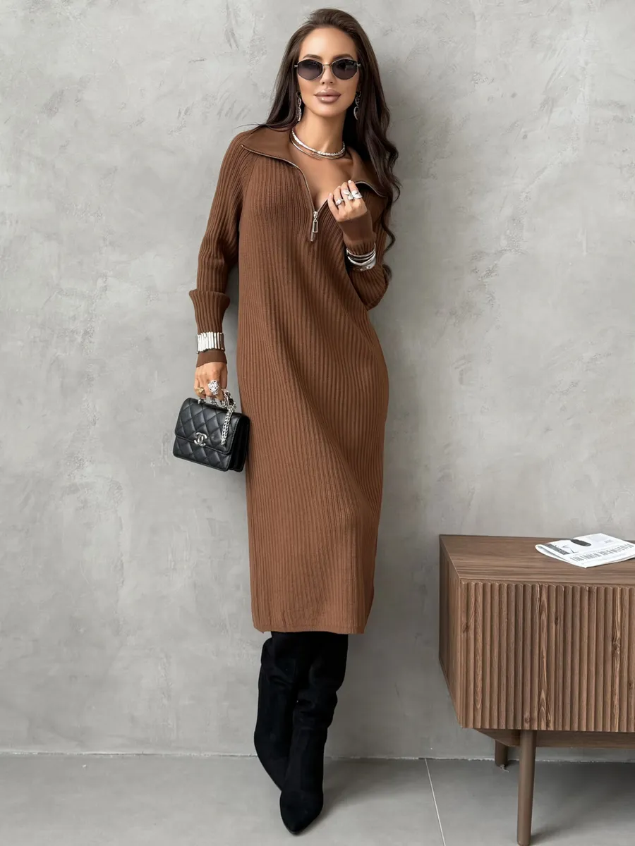 Коричневое платье осеннее теплое лапша