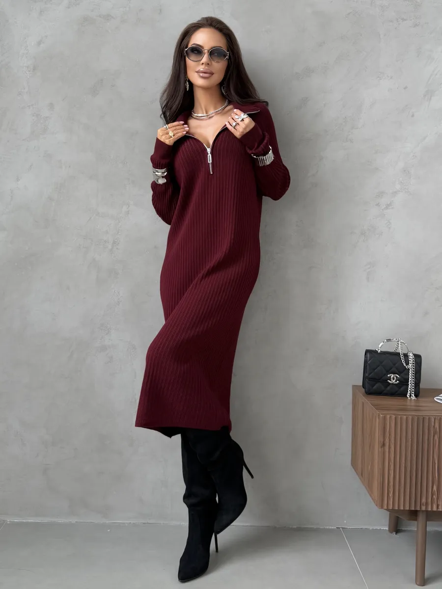 Бордовое платье осеннее теплое лапша