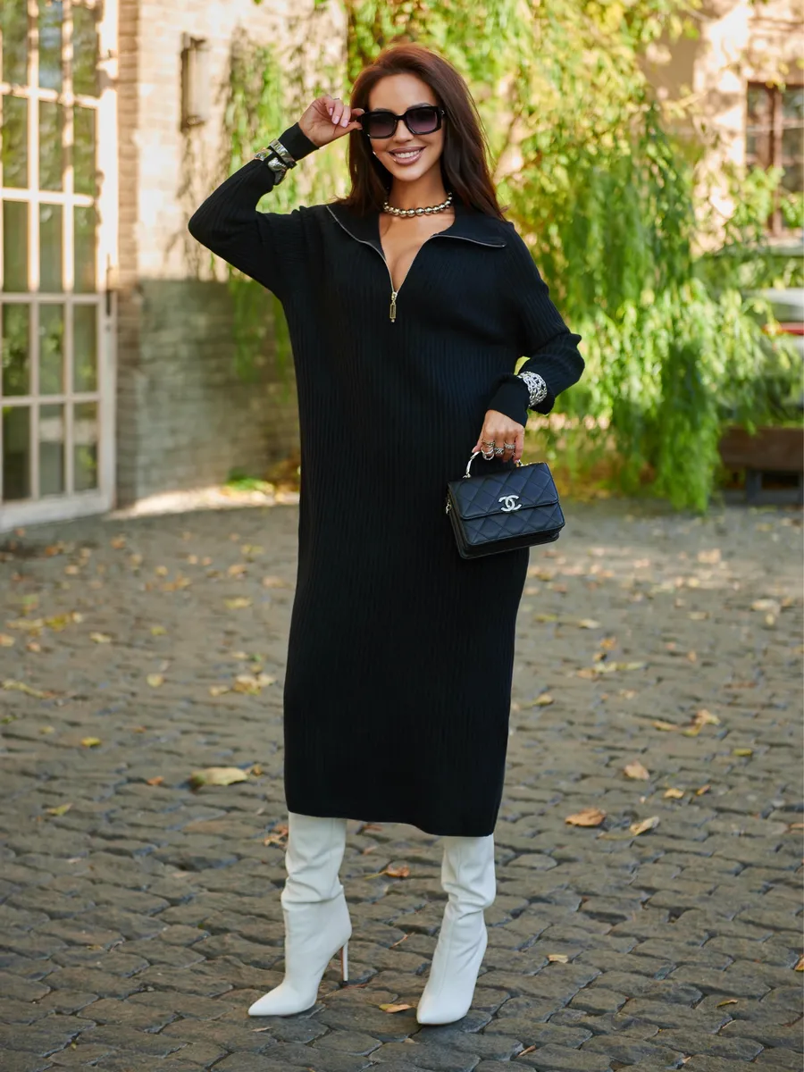 Черное платье осеннее теплое лапша