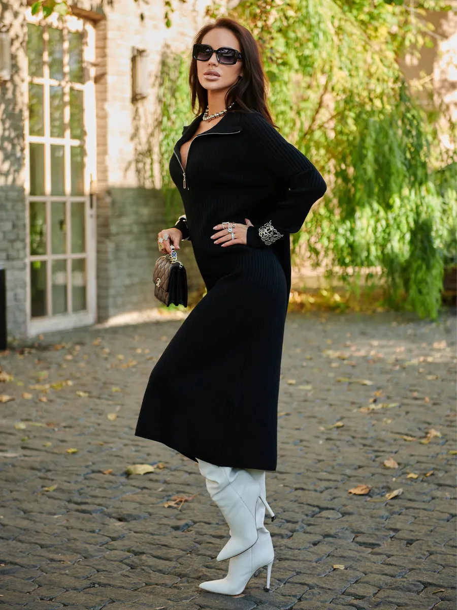 Черное платье осеннее теплое лапша