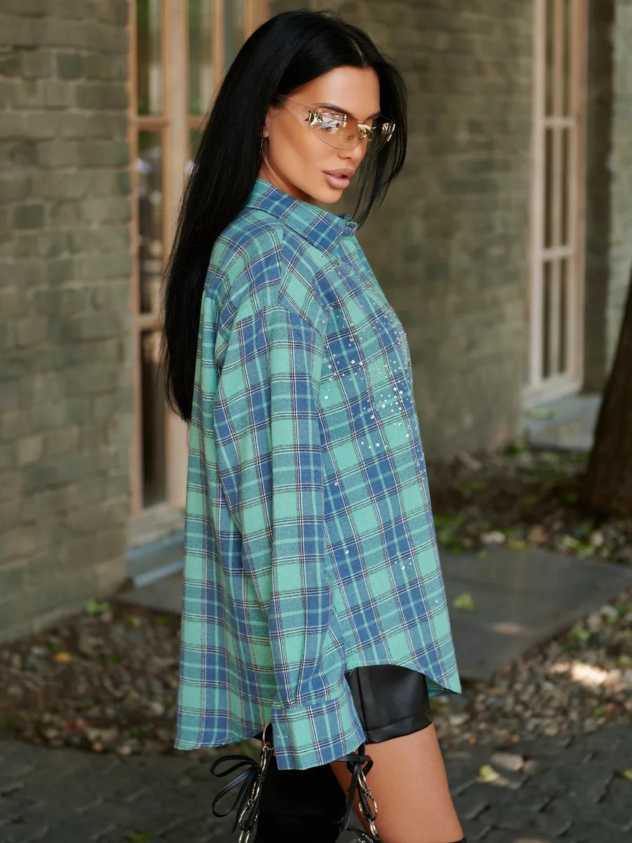 Бирюзовая рубашка в клетку оверсайз