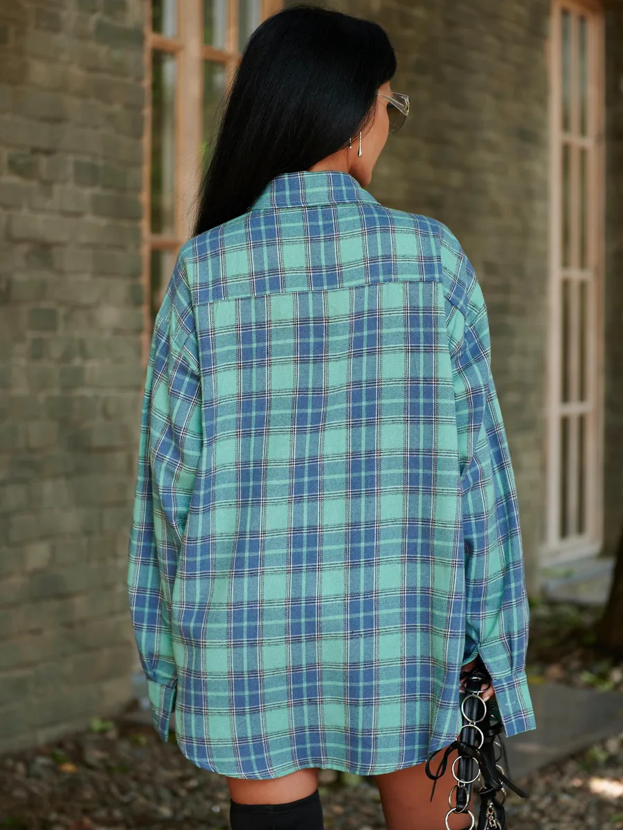 Бирюзовая рубашка в клетку оверсайз