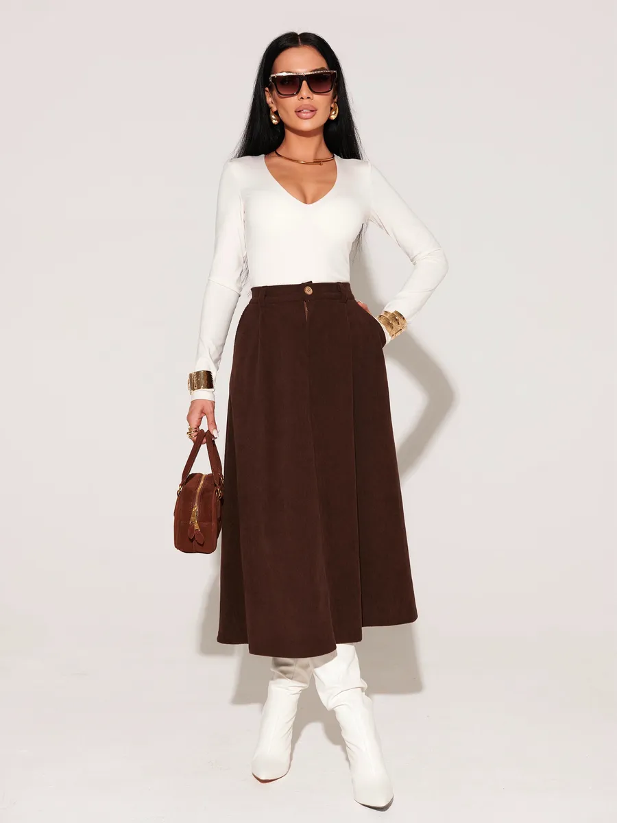 Коричневая юбка миди вельветовая