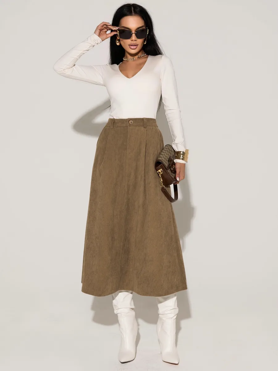 Бежевая юбка миди вельветовая