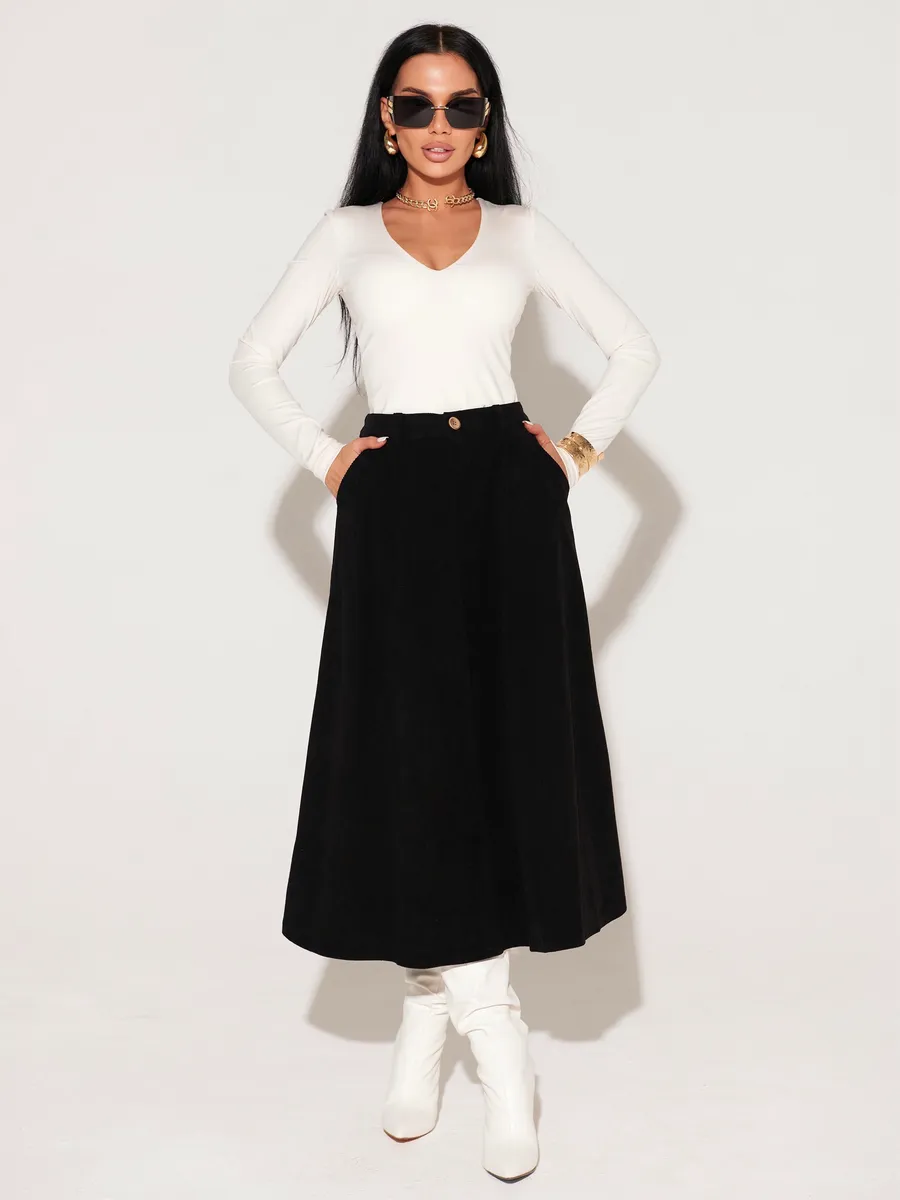 Черная юбка миди вельветовая