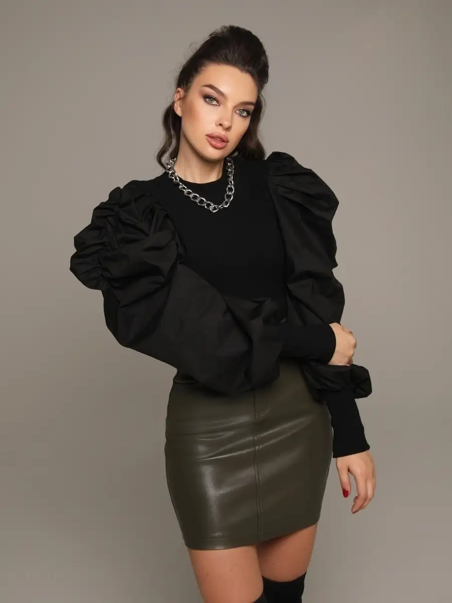 Черная блузка женская нарядная школьная офис с пышным рукавом