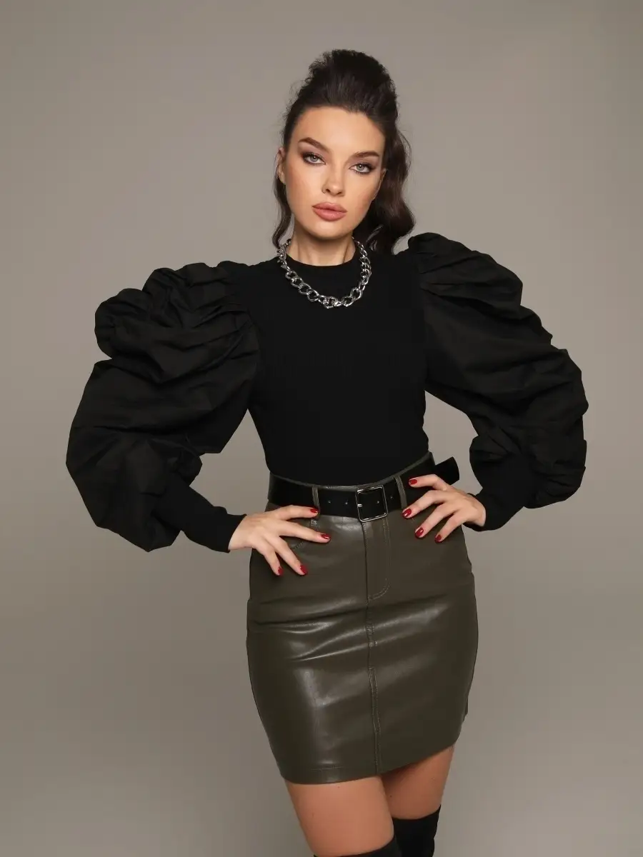 Черная блузка женская нарядная школьная офис с пышным рукавом