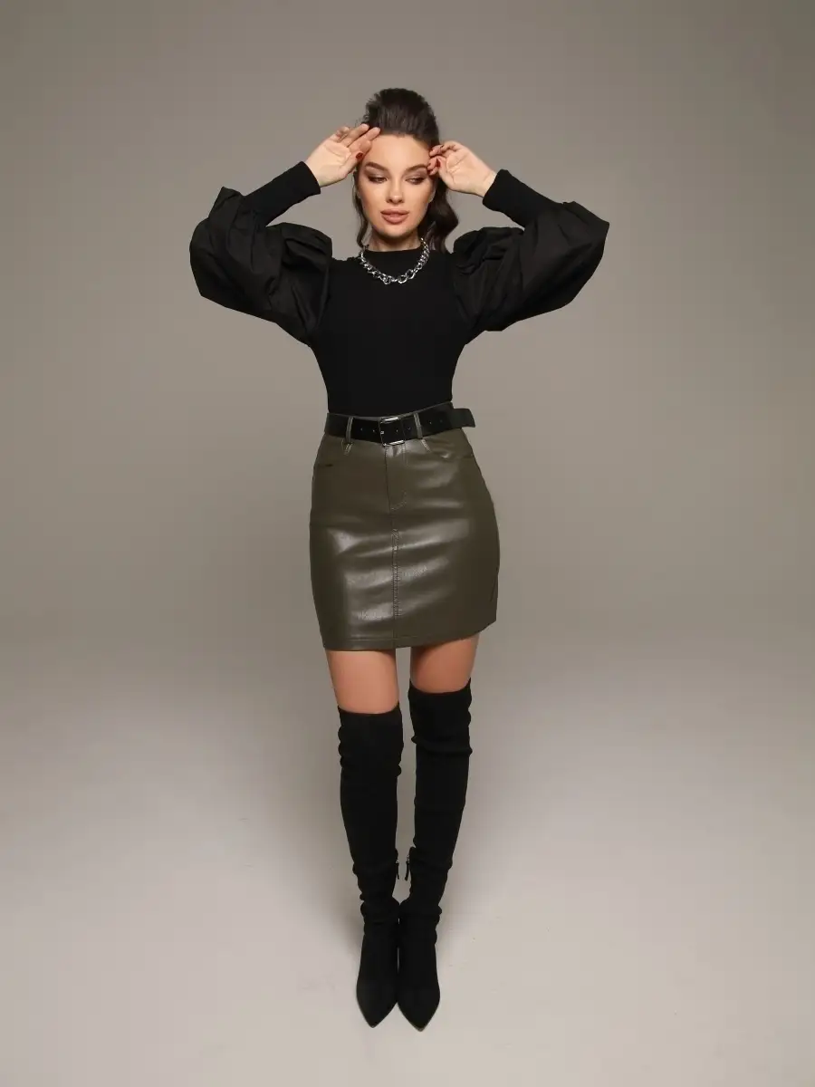 Черная блузка женская нарядная школьная офис с пышным рукавом