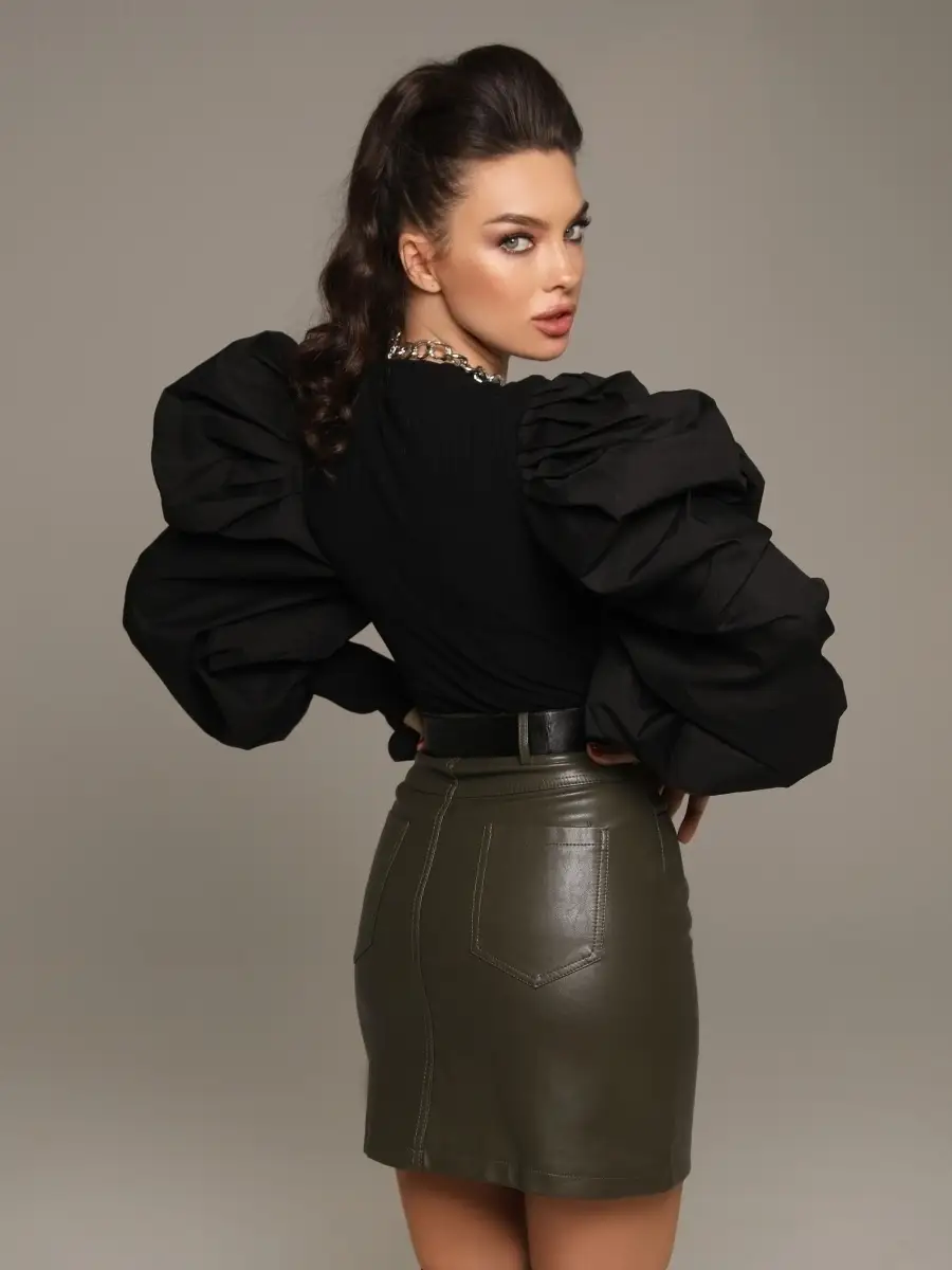 Черная блузка женская нарядная школьная офис с пышным рукавом