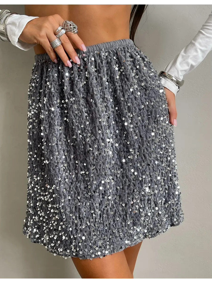 Серебристая юбка летняя мини вечерняя