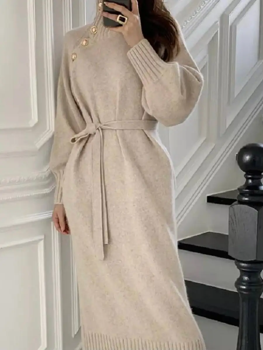 Молочное платье женское тёплое свободное оверсайз трикотажное