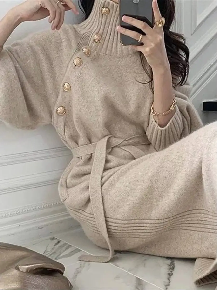 Молочное платье женское тёплое свободное оверсайз трикотажное