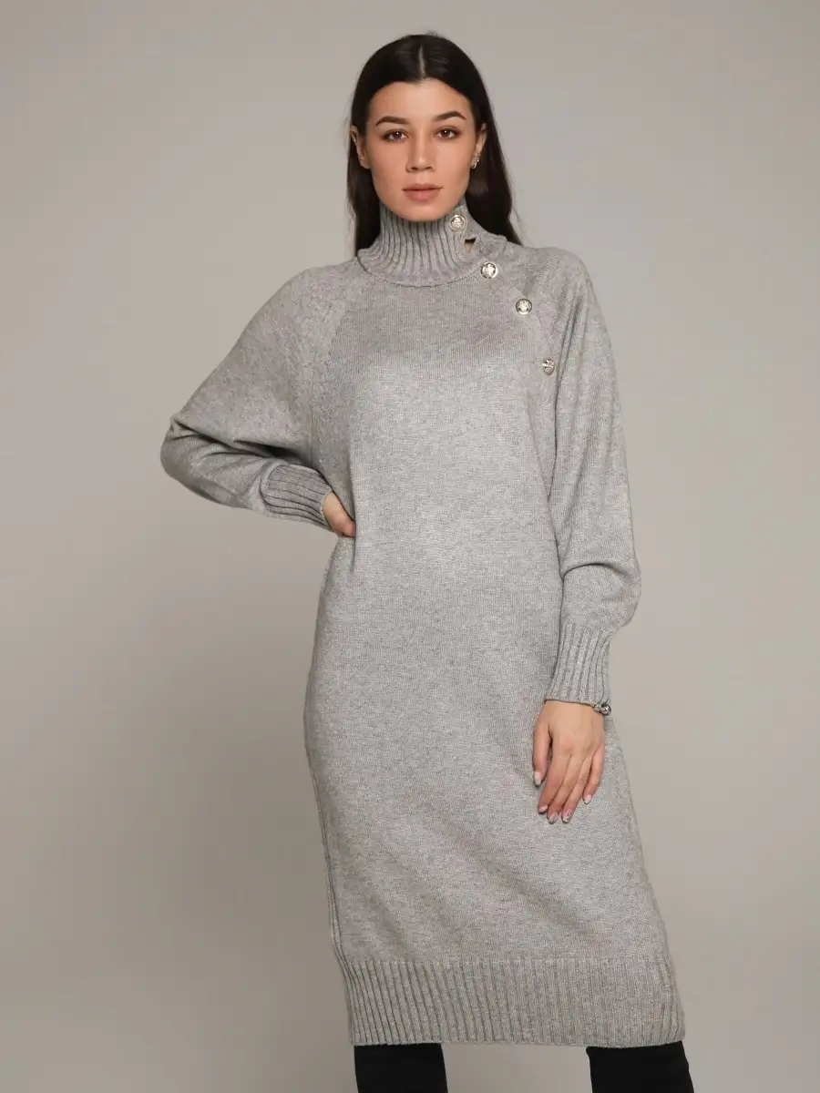 Серое платье женское тёплое свободное оверсайз трикотажное
