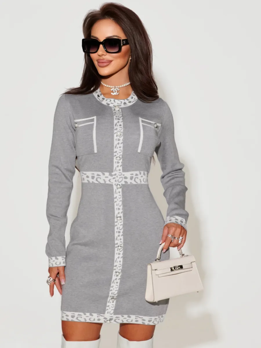 Серое платье теплое трикотажное мини