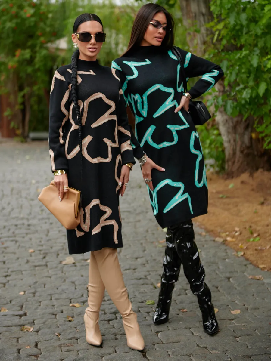 Бирюзовое платье теплое трикотажное мини