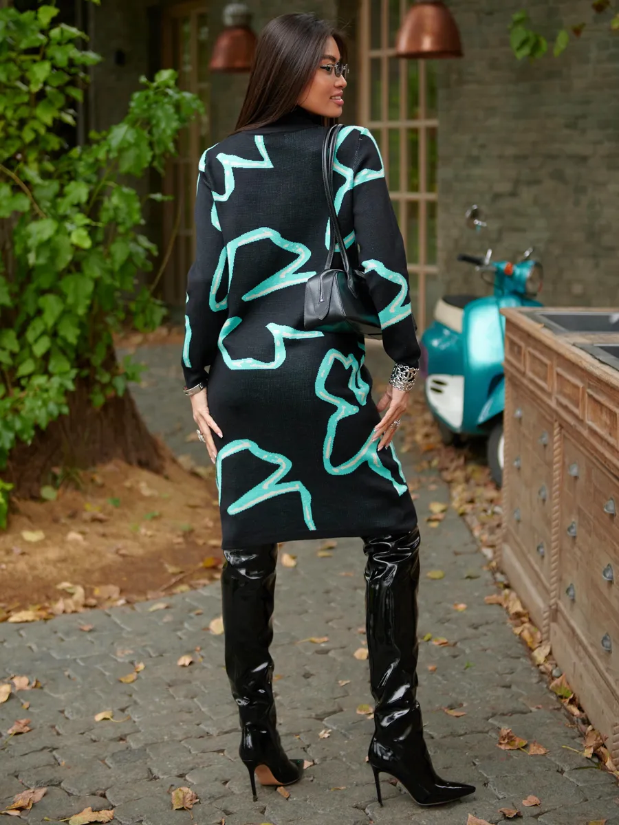 Бирюзовое платье теплое трикотажное мини