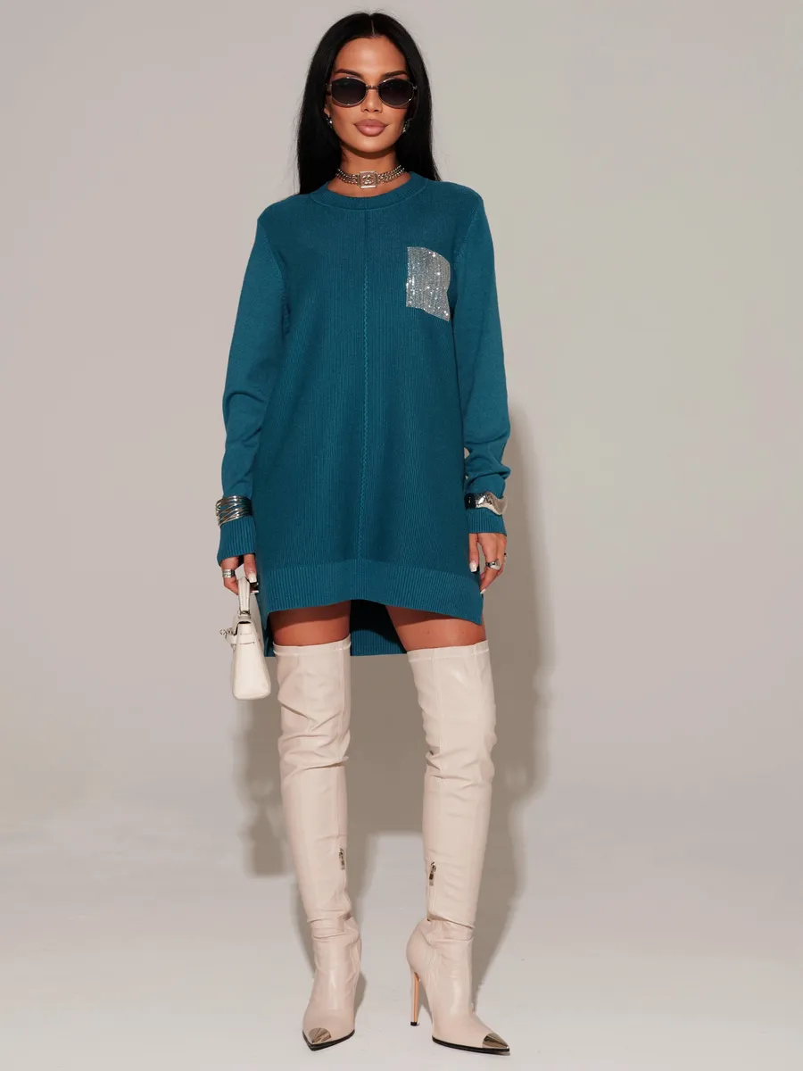 Глубокий сине-зеленая кофта теплая трикотажная