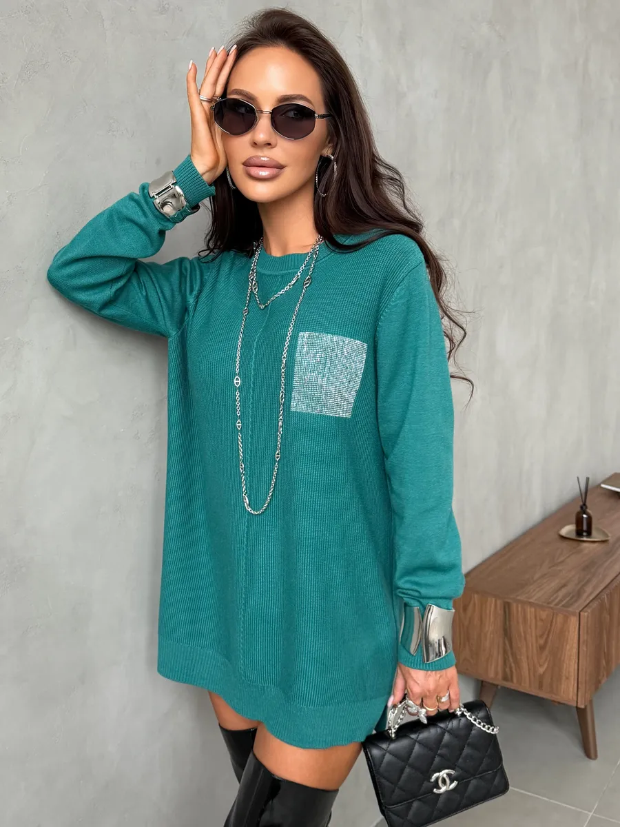 Глубокий сине-зеленая кофта теплая трикотажная