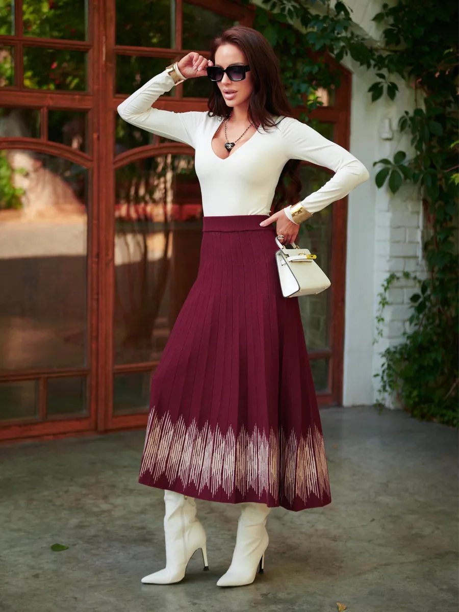 Бордовая юбка плиссе трикотажная теплая