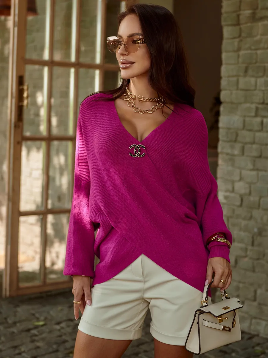 Фуксия теплая кофта вязаная на запах оверсайз