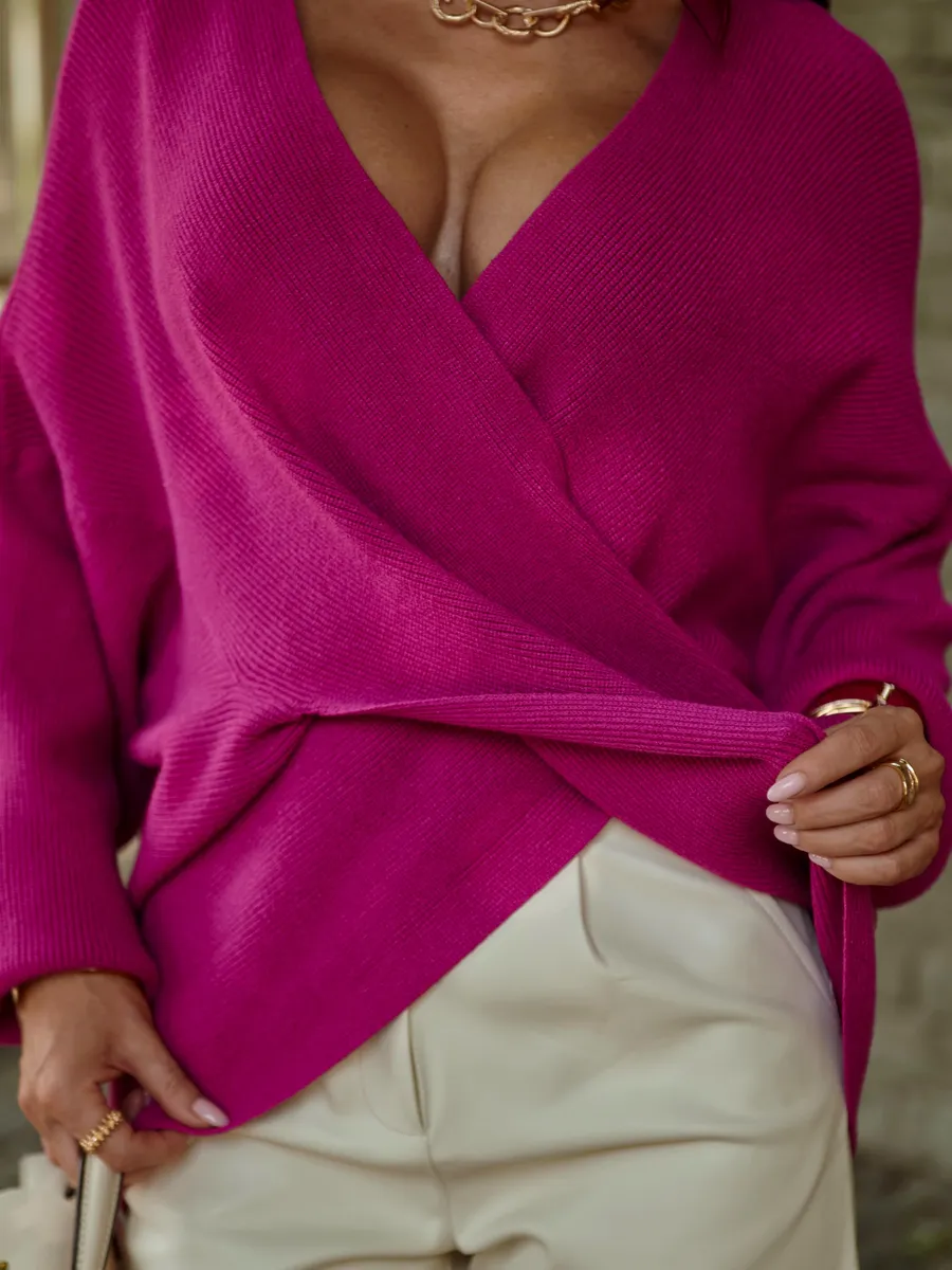 Фуксия теплая кофта вязаная на запах оверсайз