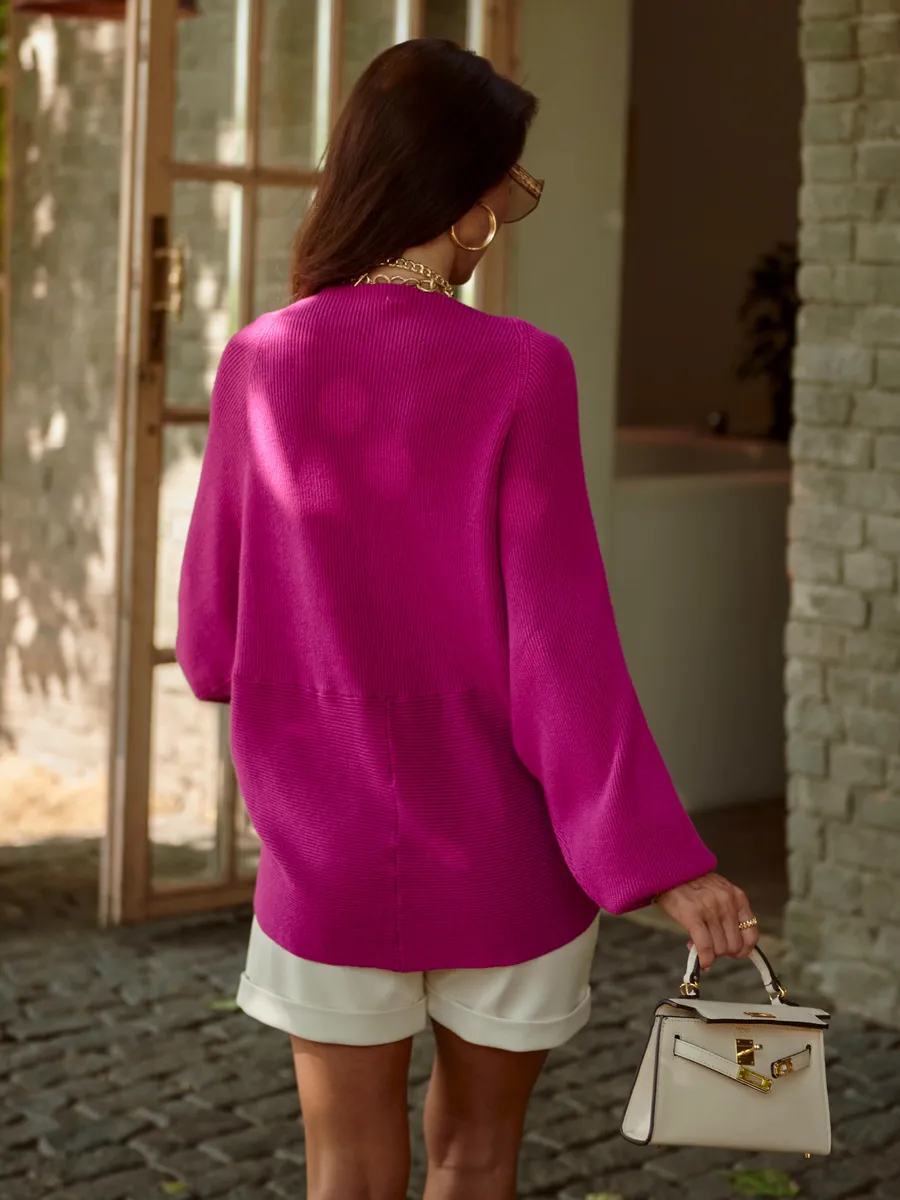 Фуксия теплая кофта вязаная на запах оверсайз