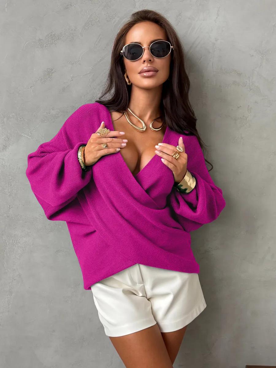 Фуксия теплая кофта вязаная на запах оверсайз
