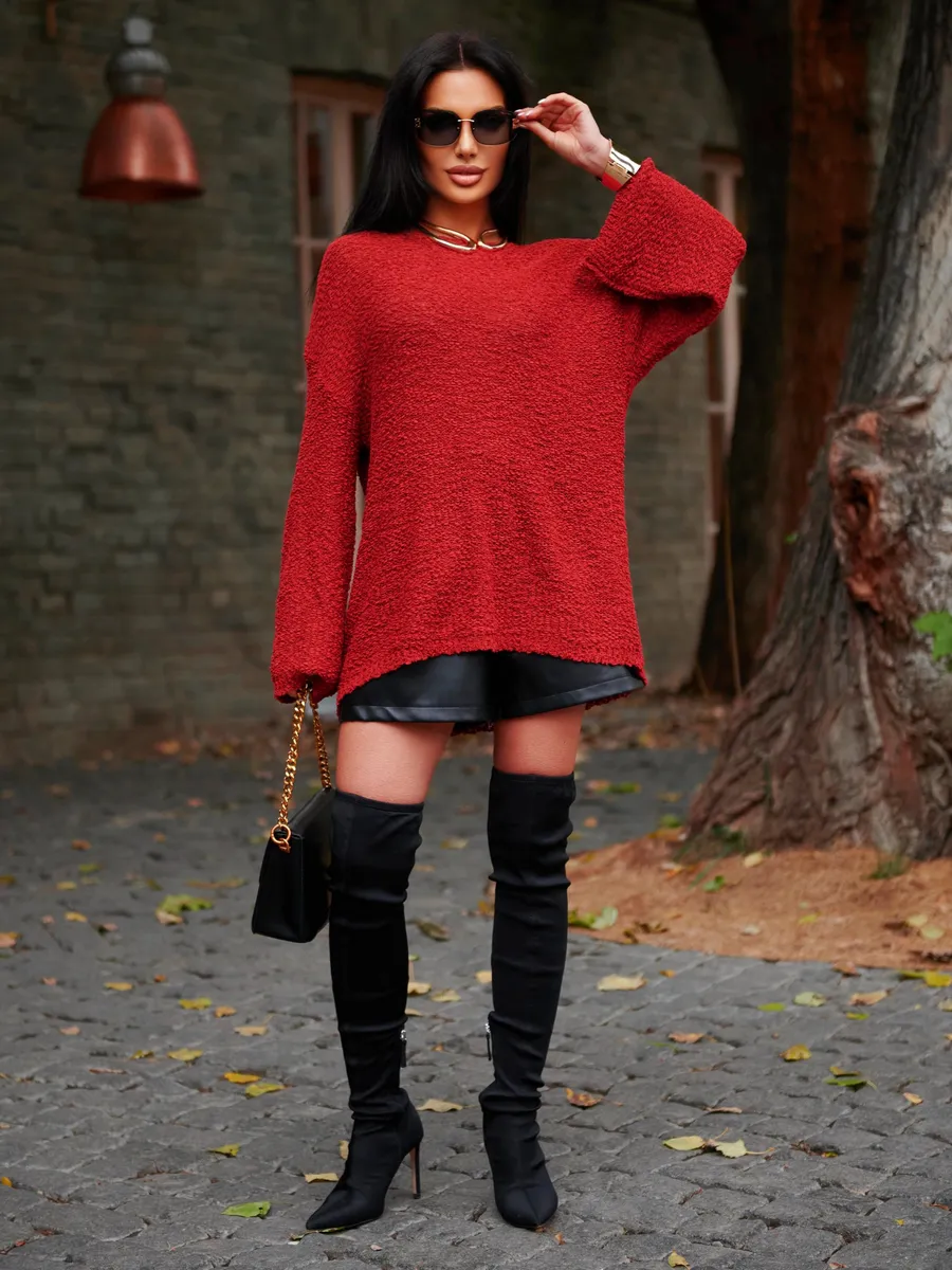 Бордовая кофта оверсайз вязаная нарядная