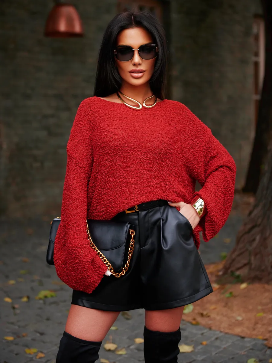 Бордовая кофта оверсайз вязаная нарядная