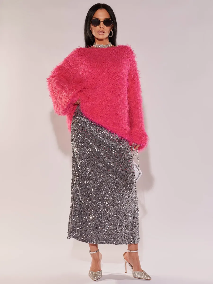 Фуксия кофта теплая нарядная оверсайз