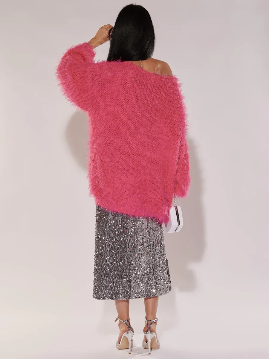 Фуксия кофта теплая нарядная оверсайз