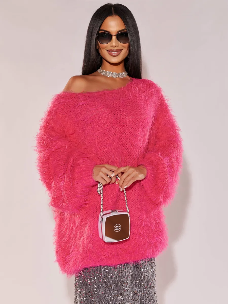 Фуксия кофта теплая нарядная оверсайз