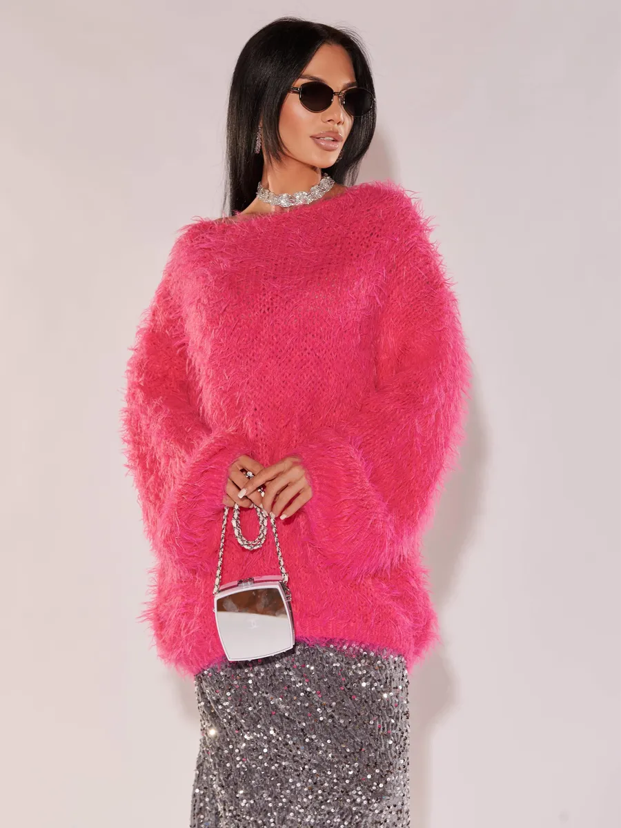 Фуксия кофта теплая нарядная оверсайз