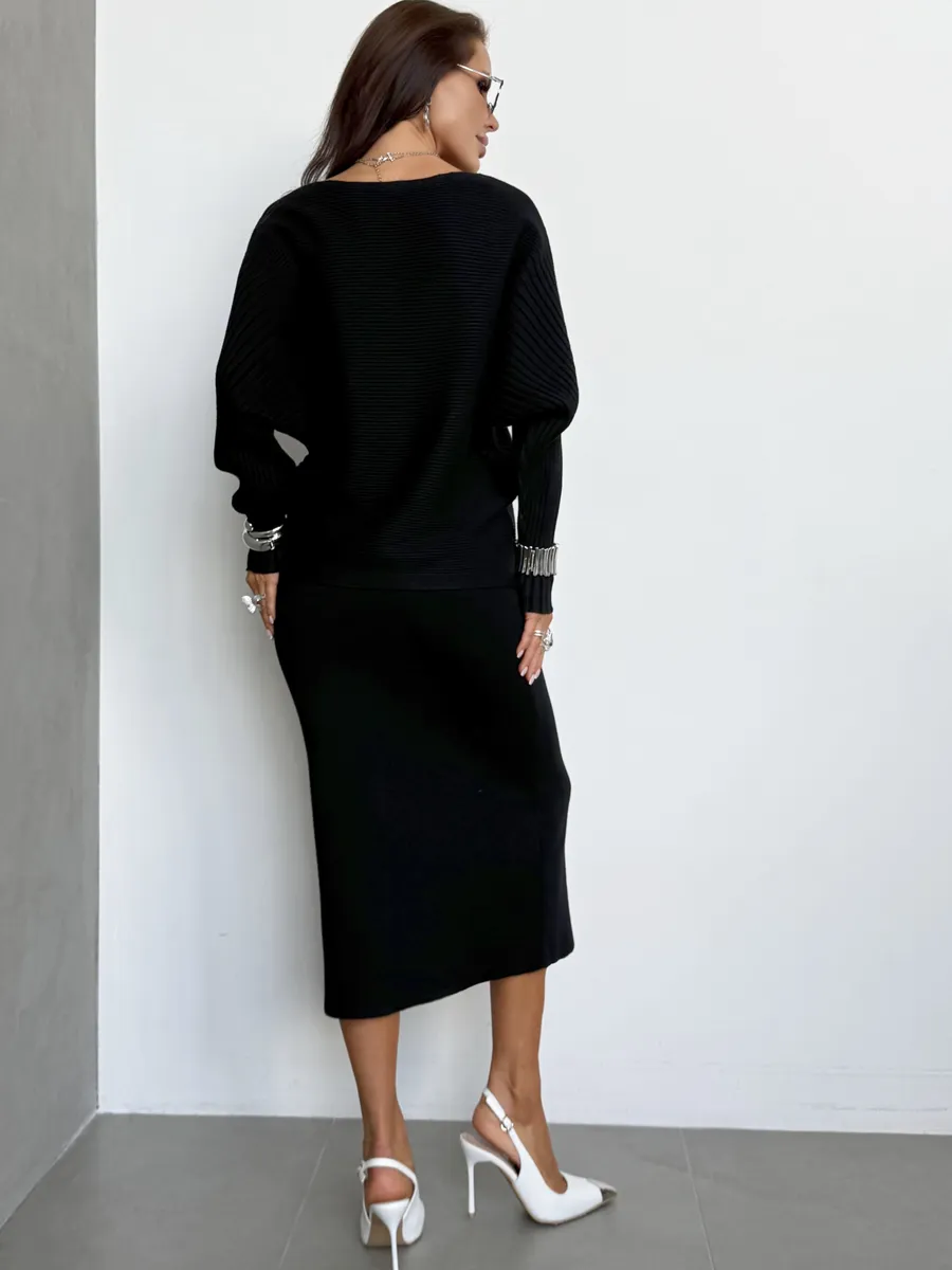 Черный теплый костюм с юбкой осенний трикотажный