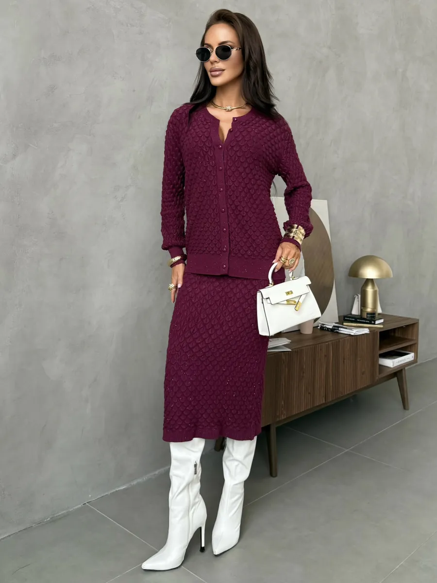 Бордовый теплый костюм осенний с юбкой трикотажный