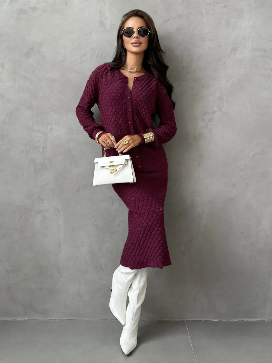 Бордовый теплый костюм осенний с юбкой трикотажный