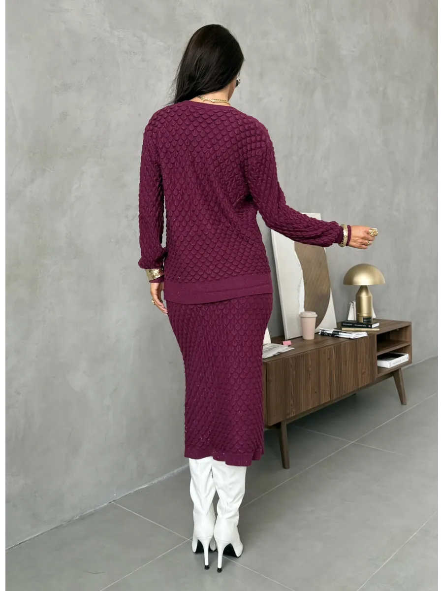 Бордовый теплый костюм осенний с юбкой трикотажный