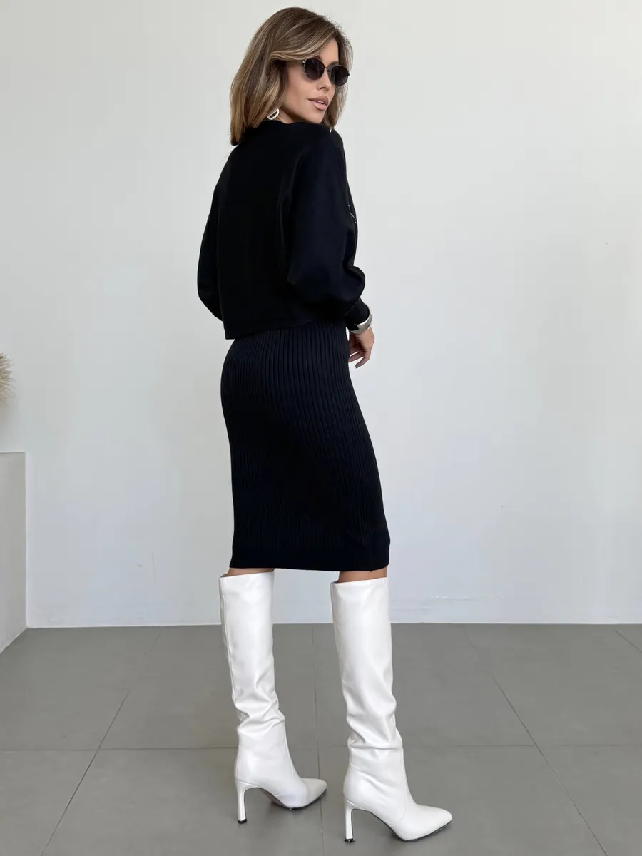 Черный костюм двойка трикотажный с платьем