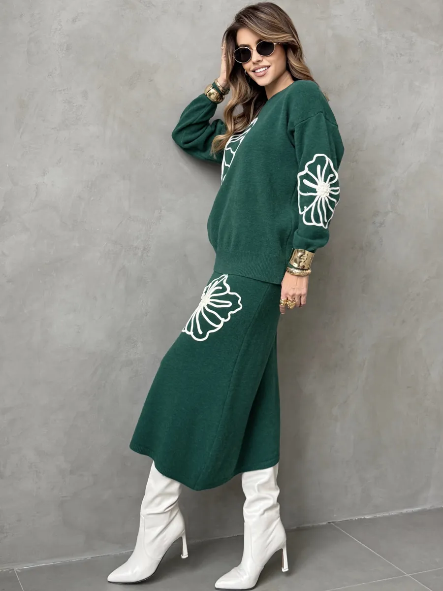 Зеленый теплый костюм с юбкой осенний трикотажный