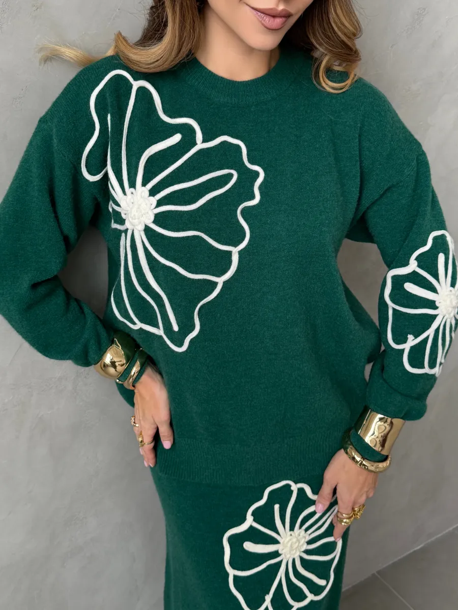 Зеленый теплый костюм с юбкой осенний трикотажный