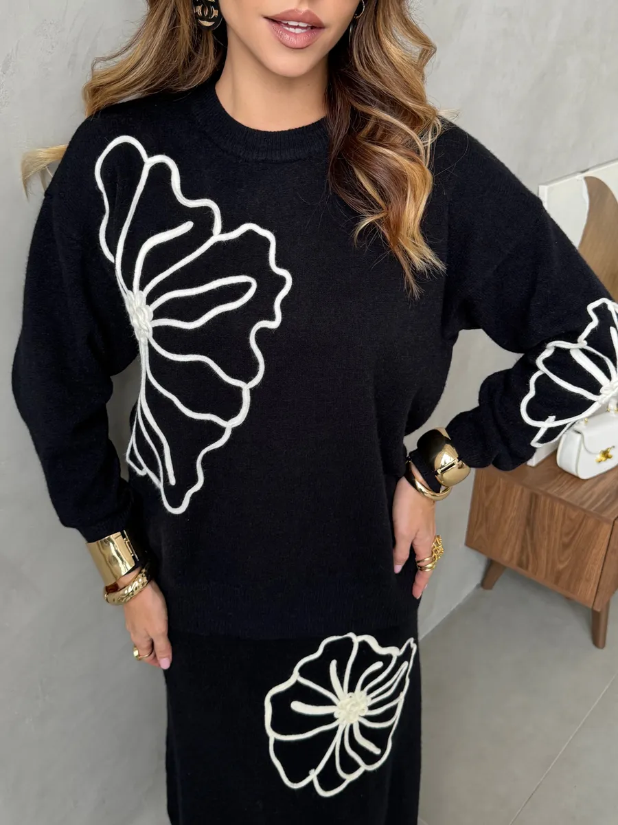 Черный теплый костюм с юбкой осенний трикотажный