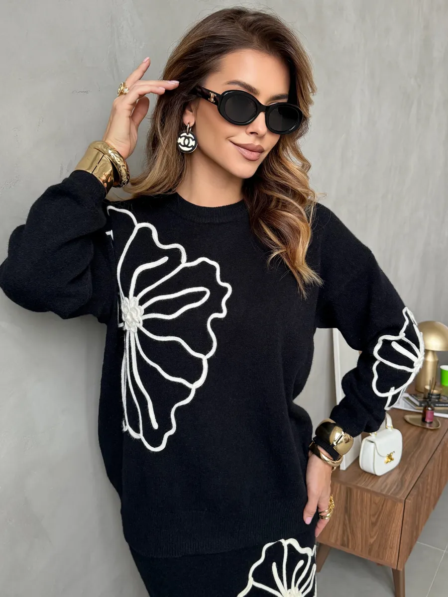 Черный теплый костюм с юбкой осенний трикотажный