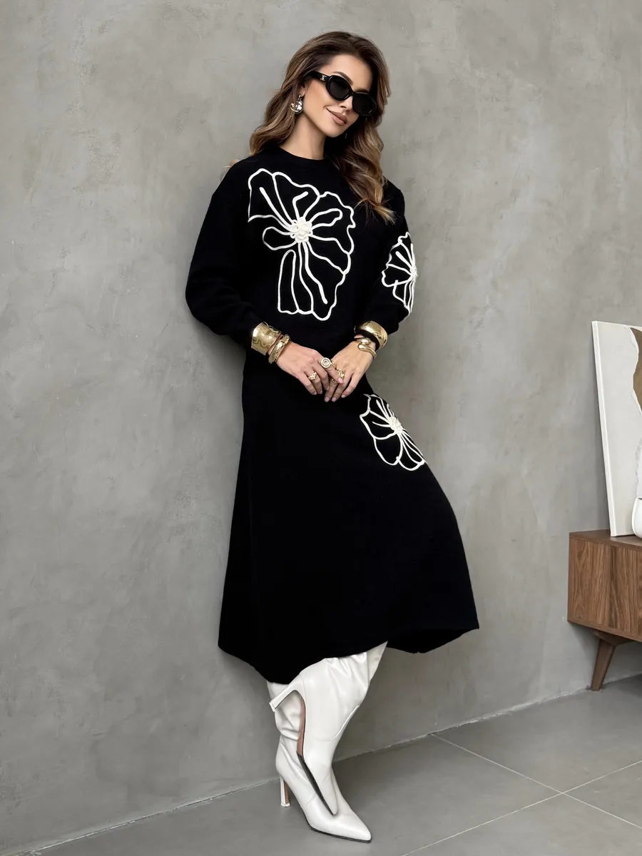 Черный теплый костюм с юбкой осенний трикотажный