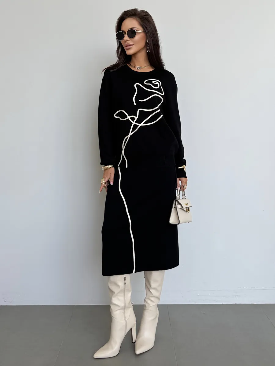 Черный теплый костюм с юбкой осенний трикотажный