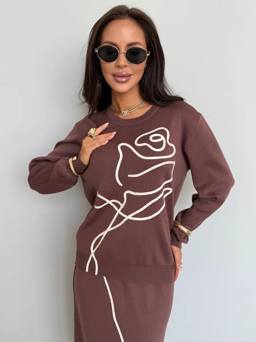 Теплый костюм с юбкой осенний трикотажный