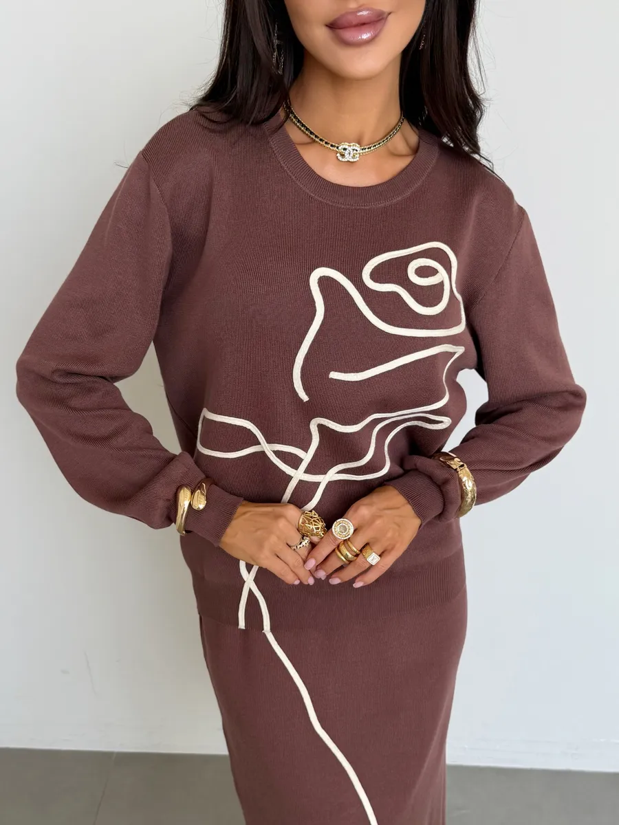 Коричневый теплый костюм с юбкой осенний трикотажный